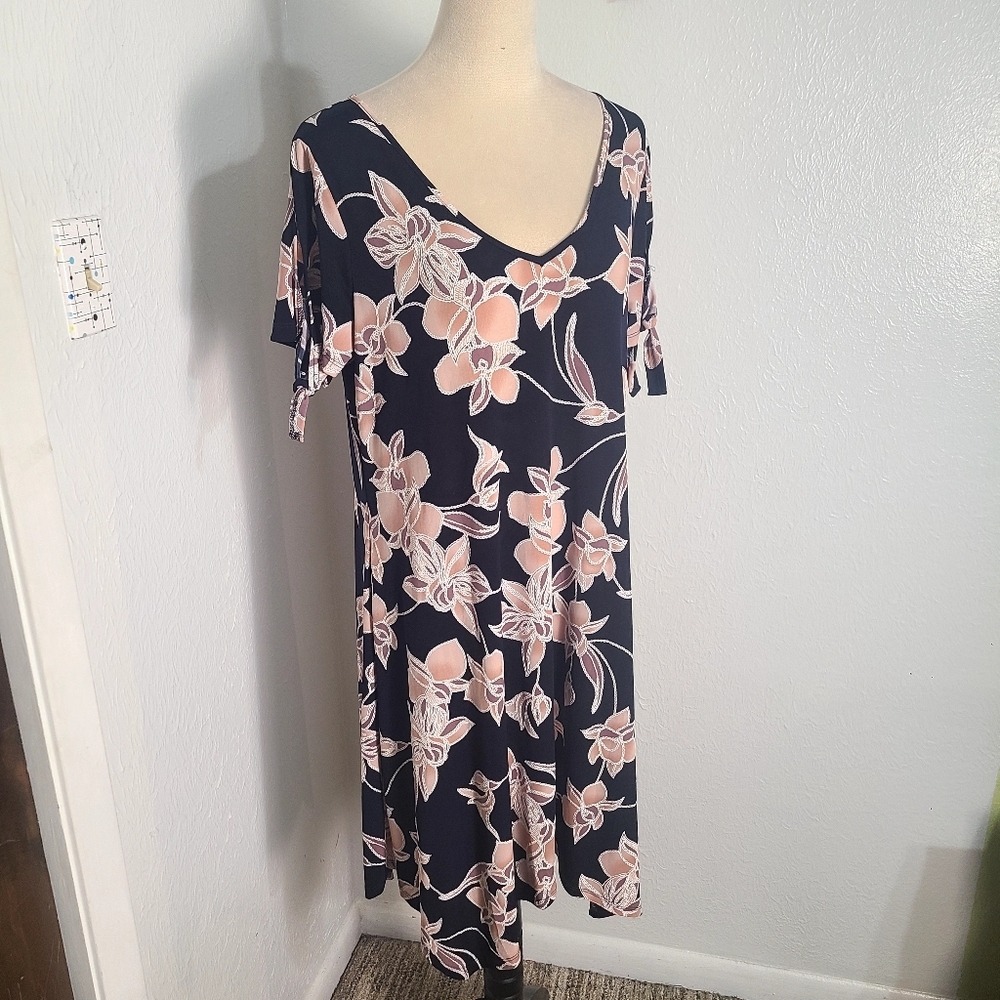 SJS Navy & Pink Floral Dress with Short Tie Sleeves, Size Large